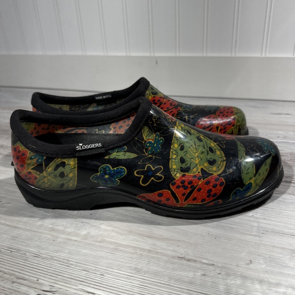 Sloggers Womens Waterproof Rubber Garden Clogs Shoes Size 9 Black Red Floral